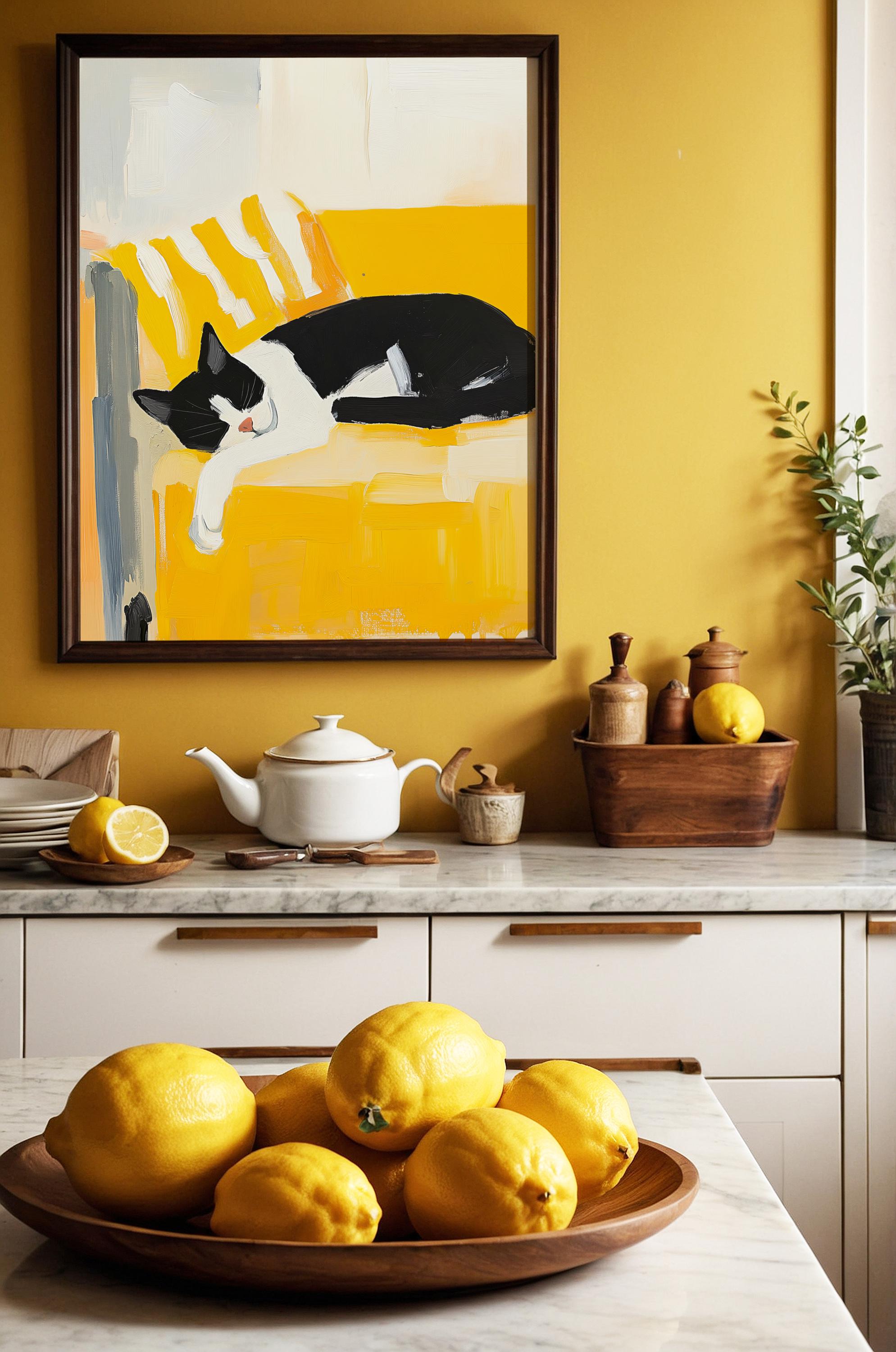 黄色いソファで眠る抽象的な白黒猫の絵画、ミニマリストな猫のアート