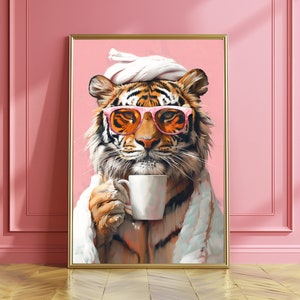 Colorful Trendy Kitchen Art, Tiger Drinking Coffee Maximalist Wall Art Decor