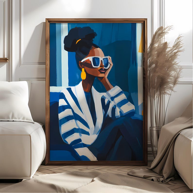Navy Blue and White Abstract Woman Art Print - Contemporary Wall Decor ...
