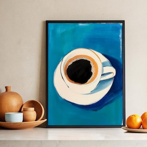 ロイヤルブルーのコーヒーカップのウォールアート、キッチンバーの装飾、レストランの静物画のプリント、食品のポスター、ブルーのアクリルアート、ダイニングルームのウォールアート