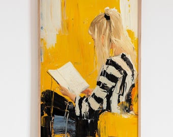 May include: A painting of a person sitting in a yellow chair and reading a book. The person has blonde hair and is wearing a black and white striped shirt. The background is a bright yellow.