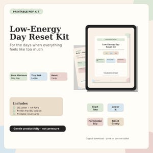 May include: A printable PDF kit titled Low-Energy Day Reset Kit, featuring a tablet displaying the document. Includes sections for a Bare Minimum Day Map, Tiny Task Ladder, and Reset Cards, with text detailing US Letter and A4 PDF formats.