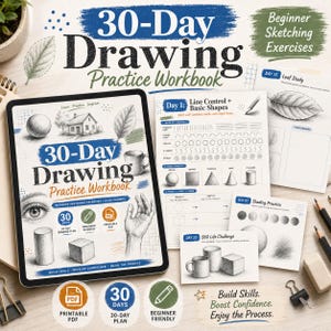 Pode incluir: Um caderno de exercícios de desenho de 30 dias exibido em uma tela de tablet e páginas impressas. O manual inclui exercícios de esboço, controle de linhas, formas básicas, sombreamento e desafios de natureza morta com ilustrações de casa, folha, olho e mão.