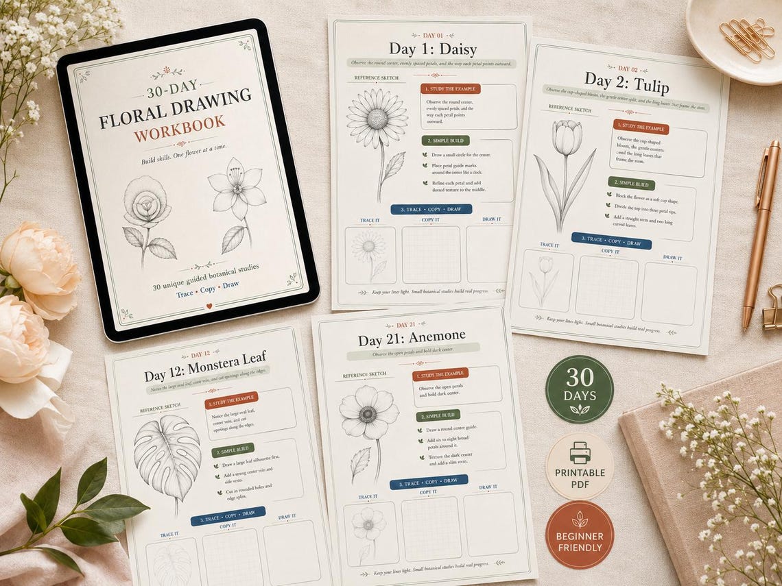 30 Day Floral Drawing Workbook Printable, Beginner Flower Sketching Practice, Trace Copy Draw ...