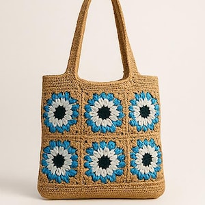 Handmade Crochet Evil Eye Tote Bag – Blue & Beige Granny Square Shoulder Bag