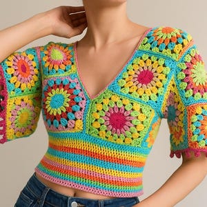 Granny Square Crochet Crop Top: Rainbow Festival Blouse with Flare Sleeves