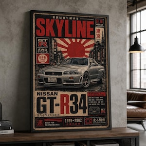 Puede incluir: Un póster enmarcado que muestra un coche deportivo Nissan GT-R34 plateado centrado sobre un gráfico de sol rojo y un fondo de ciudad japonesa. El texto incluye SKYLINE, NISSAN GT-R34, 1999-2002 y varias especificaciones técnicas.