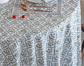 Mantel azul claro con estampado a mano, decoración para fiestas, mantel personalizado con agujero para sombrilla, mantel redondo, mantel con diseño de trébol.