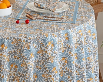 Tovaglia in cotone stampata a mano con blocchi di legno: copritavolo rotondo con motivo floreale blu