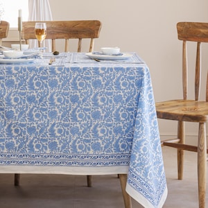 Baby Blue Bird Print Tablecloth: Hand Block Printed Cotton Table Cover
