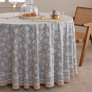 Dusty Blue Round Table Cover, Cotton Tablecover, Large Round Tablecloth, Handmade Blockprint Table Linen, Table Scape Idea, Kitchen Linen