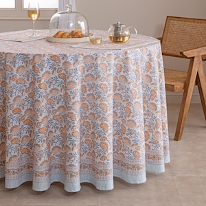 Mantel con estampado floral en bloques naranja y azul grisáceo, hecho a mano, decoración india hecha a mano, mantel francés, mantel con decoración temática.