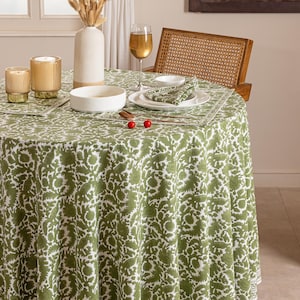 Moss Green Round Table Cover, Cotton Tablecover, Large Round Tablecloth, Handmade Blockprint Table Linen, Table Scape Idea, Christmas Decor