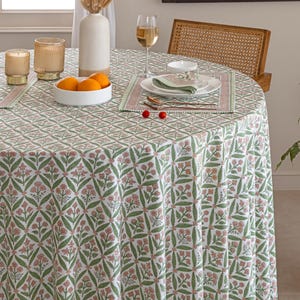 Hand Block Printed Round Tablecloth: Green Peach Floral Cotton