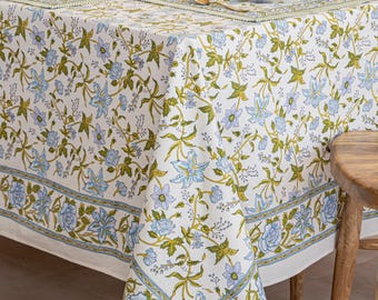 Hand Block Printed Cotton Tablecloth: Flamingo Pink Floral Bohemian Table Decor