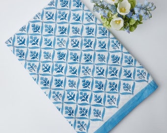 Blue Floral Hand Block Print Cotton Tablecloth - Round or Rectangle
