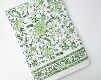Moss Green Floral Indian Table Cover | Thanks Giving Tablecloth | Farmhouse Decor | Housewarming Gift | Handmade Block Print Table Linen |