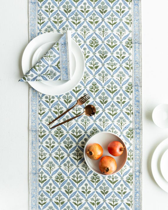 Shamrock Pattern Steel Blue Table Runner | Long Table Runner, Handblock Print Table Decor, Blue Theme Party Decor, Housewarming Gift Idea