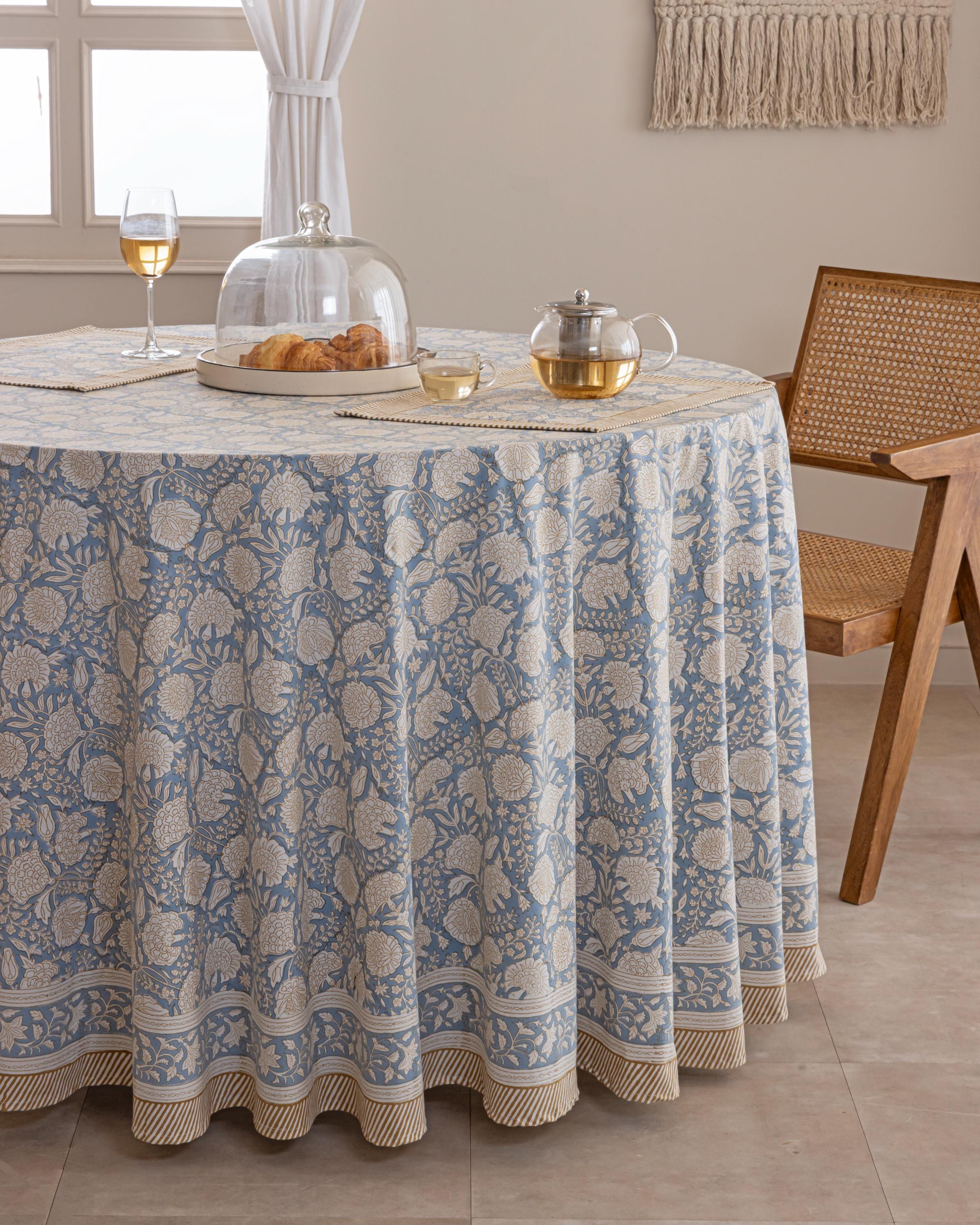Mantel redondo azul polvoriento, mantel de algodón, mantel redondo grande, mantelería hecha a mano con estampado de bloques, idea de decoración de mesa, mantelería de cocina