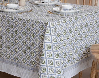 Light Blue Handblock Printed Cotton Tablecloth: Floral Party Table Decor