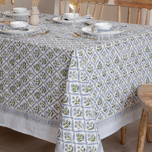 Hellblaue Handblock gemusterte Baumwolle Tischdecke: Florale Party Tischdekoration
