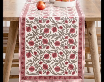 May include: A rectangular table runner with a cream background and a repeating pattern of red pomegranates and gray leaves. The border is a solid red with a thin white stripe. The runner is on a wooden table.