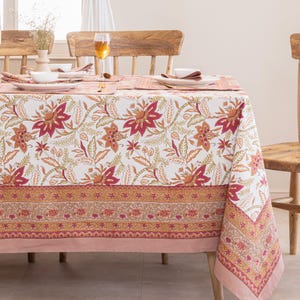 Handcrafted Red Rose Block Printed Cotton Tablecloth - Bohemian Decor