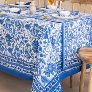 Royal Blue Floral Tablecloth: Indian Block Print Cotton Table Cover