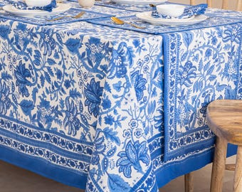 Royal Blue Floral Tablecloth: Indian Block Print Cotton Table Cover