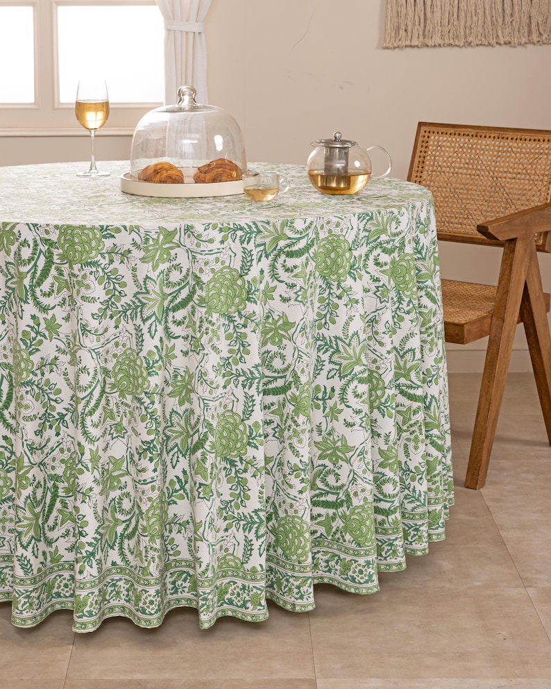 Hand Block Printed Cotton Table Cover: Moss Green Floral Bohemian Linen ...