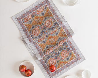 Paisley-tafelloper met blokprint, traditionele katoenen tafeldecor met blokprint, premium ambachtelijke boho paisley-tafelloper, lang middelpunt