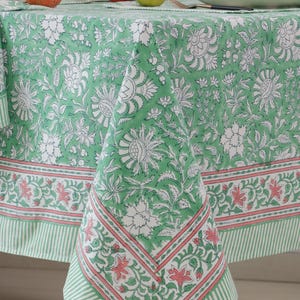 Green Floral Table Cloth | Indian Table Cover | Hand Block Printed Party Decor Table Cover | Christmas Tablecloth | 60 x 90 Table Cover Set