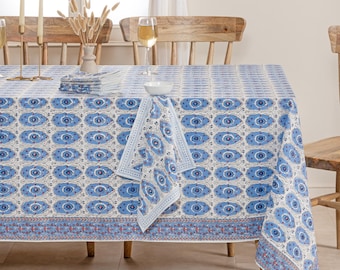 Hand Block Printed Cotton Tablecloth: Royal Blue Floral, Boho Farmhouse Decor