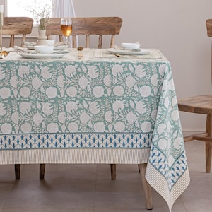 Light Sage Green Tablecloth, Perfect Table Cover for Family Gathering, Blockprint Technique Table Linen, Exclusive Floral Table Top Decor