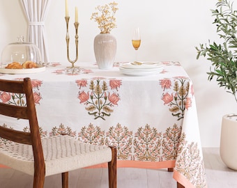 Exklusiv persika- och brun blommig bordsduk, elfenbensvit bordslinne, lyxig festtema- och bröllopsdekor, indiskt handtryckt bordsduk