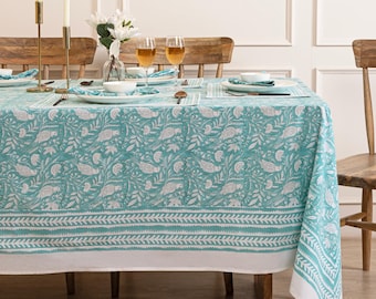 Aqua Green Parrot Tablecloth: Hand Block Printed Cotton Table Linen