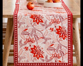 Camino de mesa con estampado floral rojo / Decoración de mesa bohemia de algodón estampado a mano / Centro de mesa de comedor / Mantelería india botánica