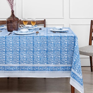 Ocean Blue hand Block Print Table Cover, Kitchenware, Floral Print Tablecloth, Housewarming Gift, Christmas Decor, Thanksgiving Gift