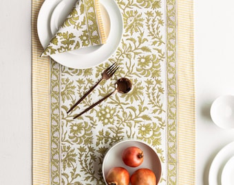 Olive Green Floral Block Print Table Runner | Farmhouse Cotton Runner for Dining Table, Gift for Her, Thanksgiving, New Year decor