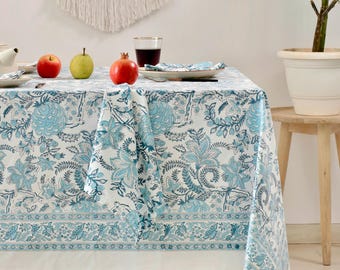 Blue Block Print Cotton Tablecloth: Bohemian Floral Table Linen