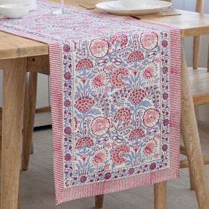 Puede incluir: Un camino de mesa floral con fondo blanco y un estampado de flores rosas y rojas con detalles azules. El borde tiene un diseño rojo a rayas. El camino de mesa se muestra sobre una mesa de madera.