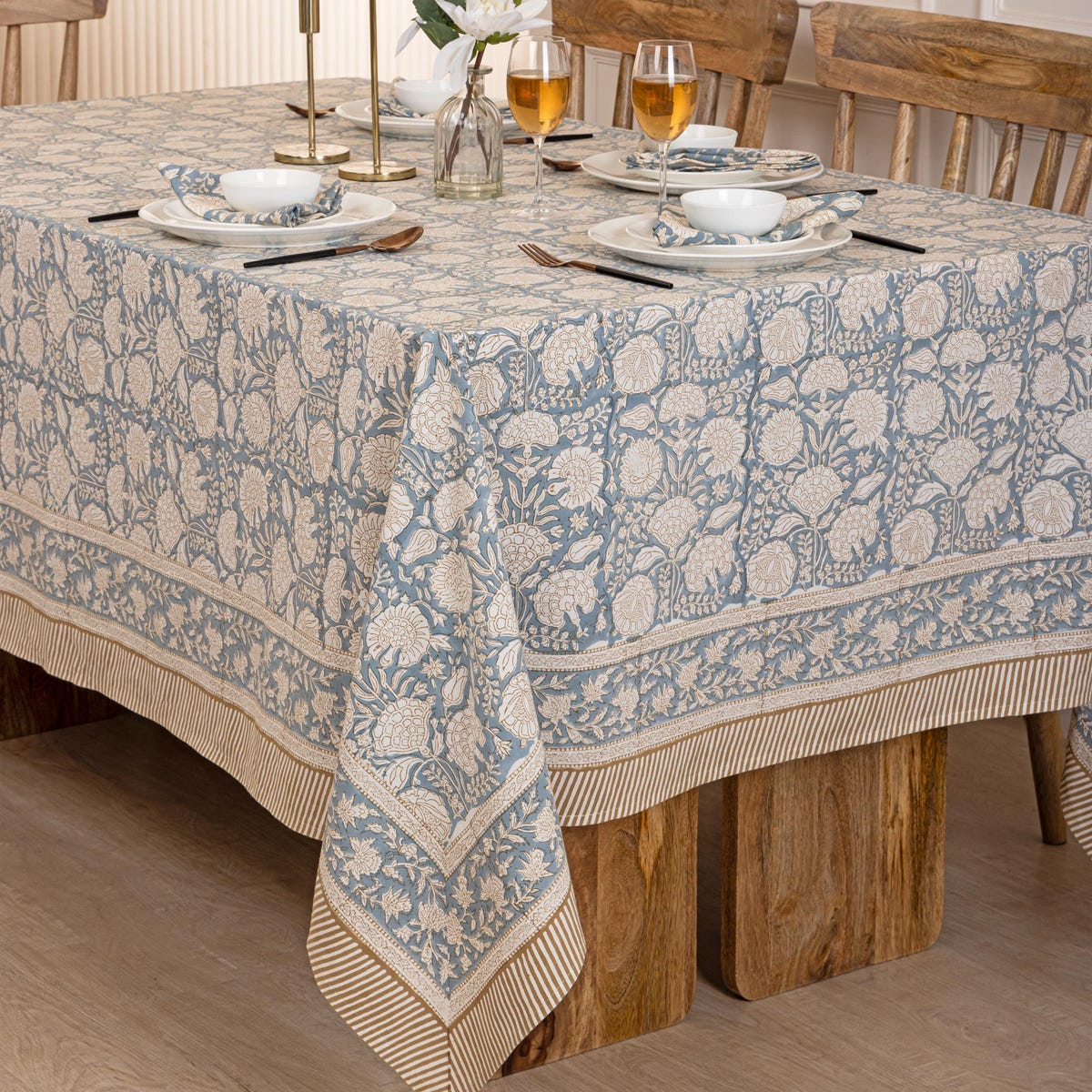 Handcrafted Dusty Blue Block Printed Tablecloth