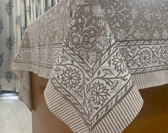 Rectangular Table Cover | Taupe and Off White Indian Hand Block Floral Printed Pure Cotton Cloth Tablecloth | Exclusive Table Top Cover