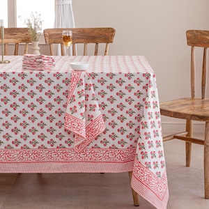 Flamingo Pink Floral Tablecloth, Indian Cotton Dining Table Cover, Table Scape Decoration, Rectangular Table Top Decor, Farmhouse Decor