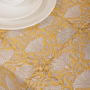 Hand Block Printed Mustard Yellow & White Tablecloth, Table Decor Linen, Batik Tablecloth, Large Table Cover, New Year Gift Ideas Tablecloth