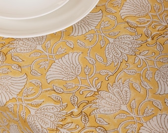 Hand Block Printed Mustard Yellow & White Tablecloth, Table Decor Linen, Batik Tablecloth, Large Table Cover, New Year Gift Ideas Tablecloth
