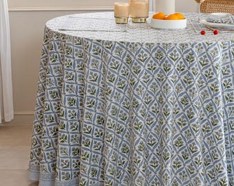 Tovaglia in cotone stampata a mano con blocchi di colore azzurro: motivo floreale a trifoglio