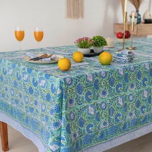 Aqua Green, Dark Blue Floral Table Cover, Gift For Her, Wedding Gift, French Tablecloth, Housewarming Gift, Table Linen Decor, Party Decor image 5