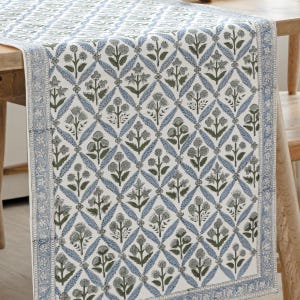 May include: A rectangular table runner with a repeating floral pattern in gray, blue, and green. The design features stylized flowers and leaves within a diamond grid, bordered by a blue floral pattern. The runner is displayed on a wooden table.