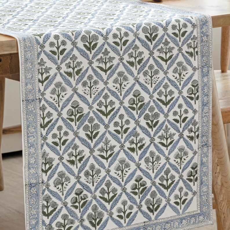 May include: A rectangular table runner with a repeating floral pattern in gray, blue, and green. The design features stylized flowers and leaves within a diamond grid, bordered by a blue floral pattern. The runner is displayed on a wooden table.